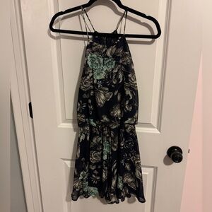 Final Touch Navy Floral Halter Romper with Mint Accents